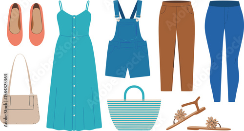 Diverse Women's Fashion Dress, Overalls, Trousers, Jeans, Bag, Sandals, and Flats on White Backdrop