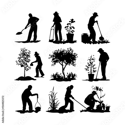 Set of Gardening People Silhouettes White Background Isolated Vector