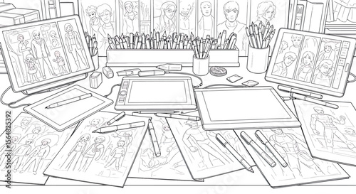 Detailed Digital Artist Workspace Line Art with Drawing Tablets and Character Designs
