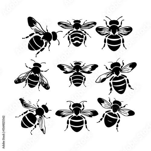 Set of Honey Bee Silhouette Clipart White Background