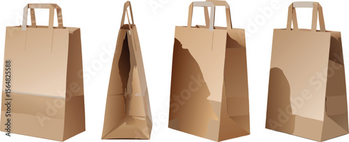 Four Brown Paper Shopping Bags with Handles in Varying Perspective and Angles