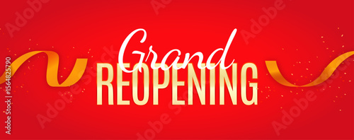 Confetti and ribbons on a red background_Grand REOPENING
