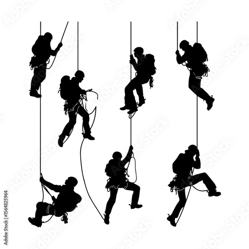 Set of Rappelling Climbing Silhouettes Clipart White Background