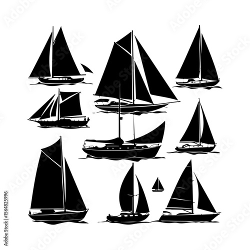 Set of Sailboats Black Silhouette