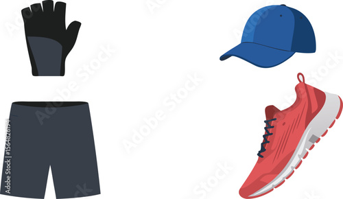 Isolated Running Apparel Shorts, Gloves, Red Sneaker, and Blue Baseball Cap Still Life