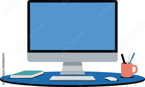 Modern Computer Setup with Book, Keyboard, Mouse, and Mug on Blue Table