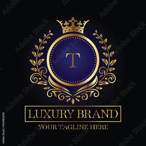 Luxurious Emblem Design with Gold Letter T and Crown on Black Background