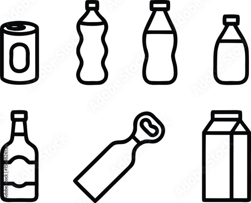Outline Icons Soda Can, Water Bottles, Beverage Bottles, Beer Bottle, Opener, Milk Carton