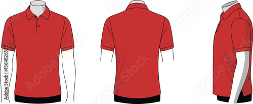 Red Polo Shirt Front, Back, and Side Views on a White Background