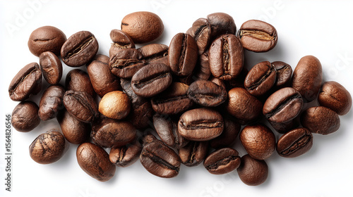 Awaken senses with premium medium roast coffee beans elegantly scattered across a white background setting
