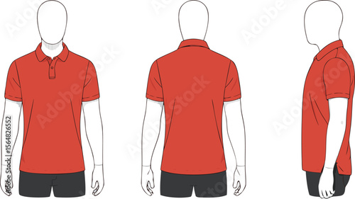 Red Polo Shirt Front, Back, and Side Views with Short Sleeves Illustration
