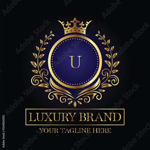 Luxurious Emblem Design with Gold Letter U and Crown on Black Background