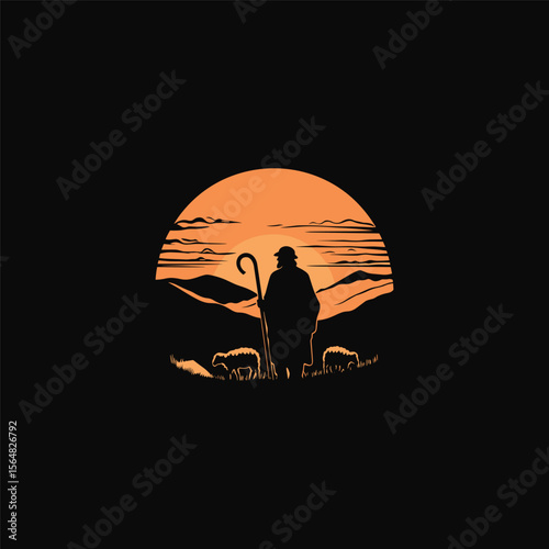 Shepherd stands holding a stick design vector template illustration