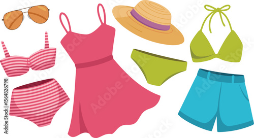 Summer Vacation Clothes Arrangement Pink Dress, Green Swimsuit, Striped Bikini, Hat, Sunglasses, and Blue Shorts
