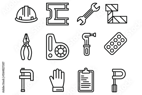 Collection of construction and repair tools and safety equipment isolated on white background