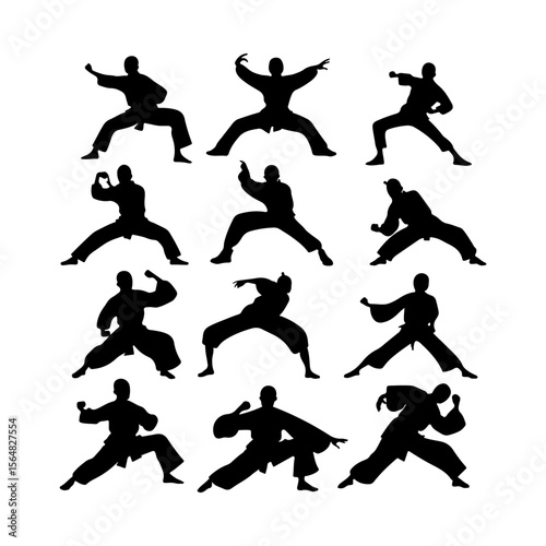 Tai Chi Pose Silhouette Set Clipart White Background