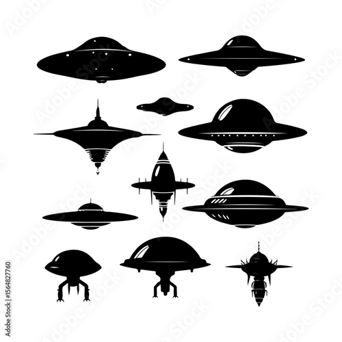 UFO Black Silhouette Set Vector Art Icons and Graphics