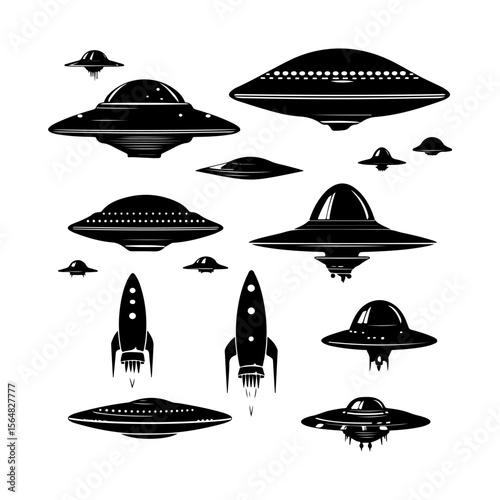 UFO Black Silhouette Set Vector Art Icons and Graphics