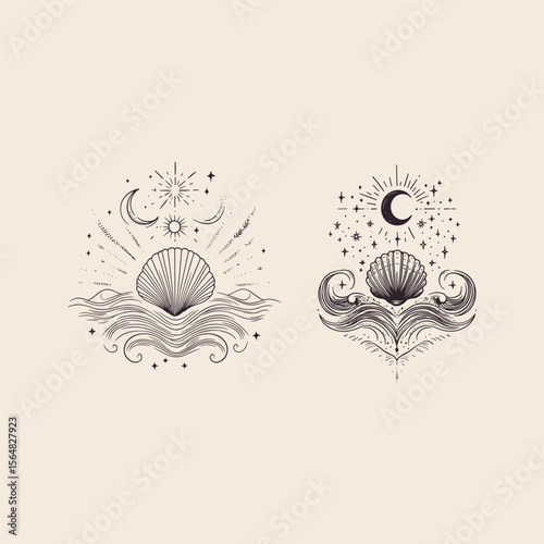 Seashell with moon bohemian design vector template illustration