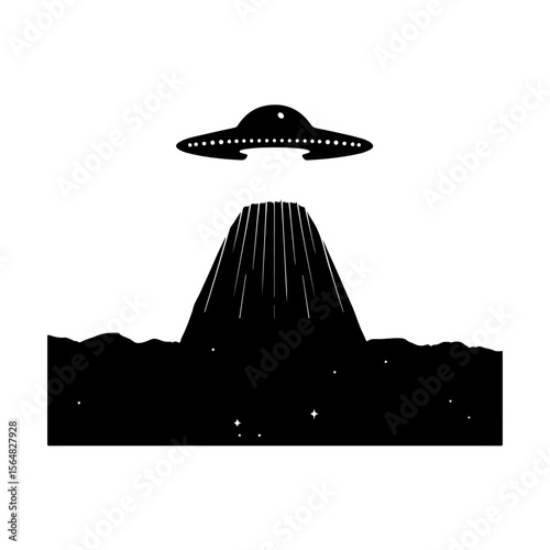 UFO in City Black Silhouette White Background Isolated Vector