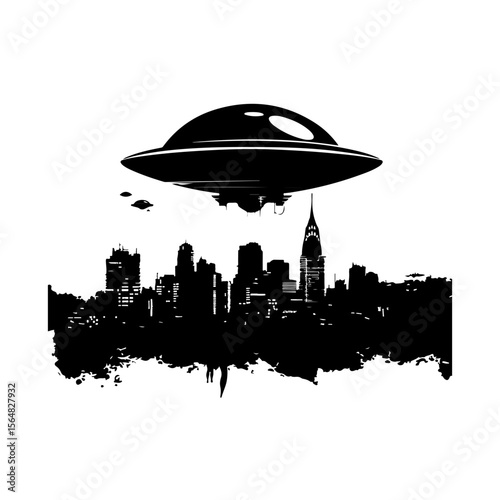 UFO in City Black Silhouette Set White Background Isolated Vector