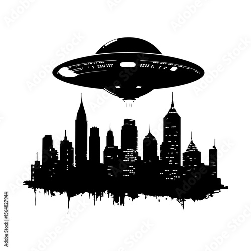 UFO in City Black Silhouette Set White Background Isolated Vector