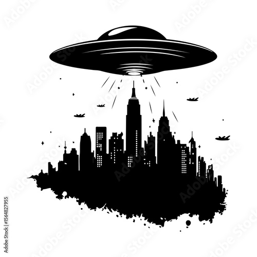 UFO in City Black Silhouette Set White Background Isolated Vector