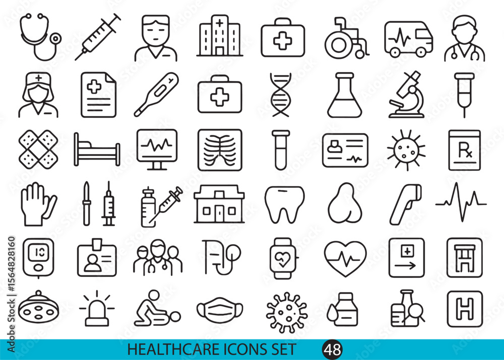 Fototapeta premium A Comprehensive Line Art Icon Set for Healthcare, Medicine, and Hospitals