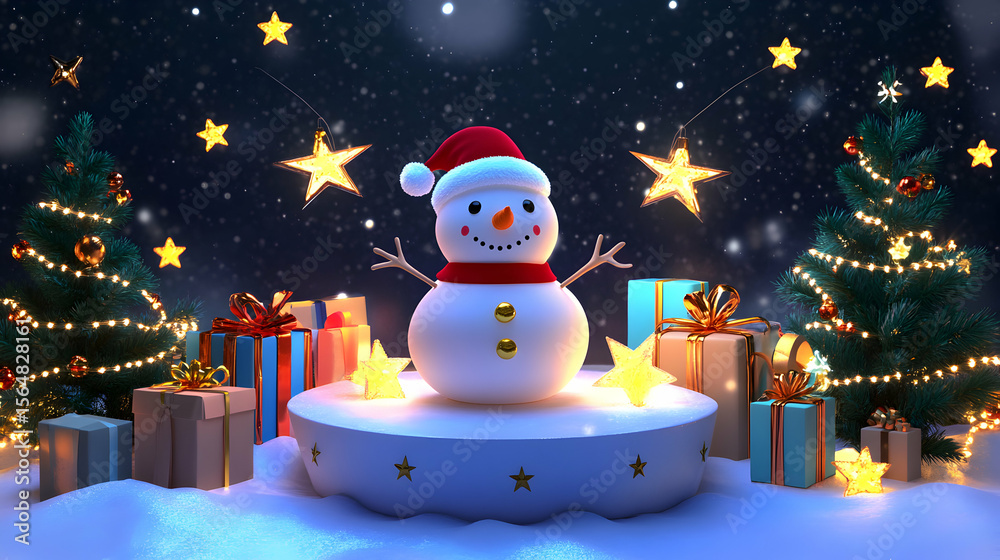 Obraz premium Enchanting Christmas Scene: Snowman, Trees, Gifts, and Starry Night Celebration