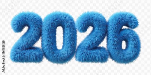realistic 3d hairy fluffy font number 2026 in different colour style  isolated on transparent background