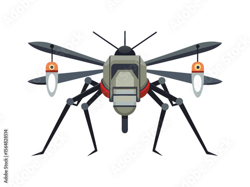 Futuristic mechanical insect drone with propellers and legs on a white background
