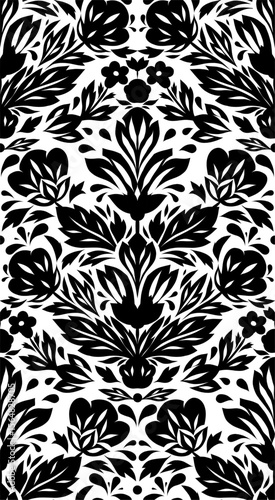 Vector monochrome decorative pattern with flower arrangement. Seamless texture with black print of stylized flowers in folk art style