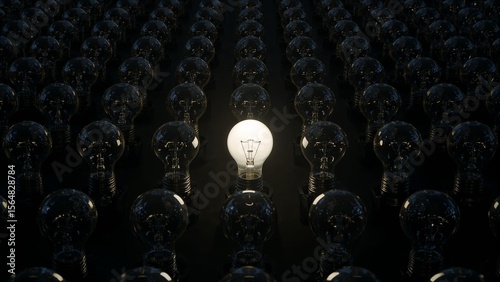 One glowing bulb among many unlit lights