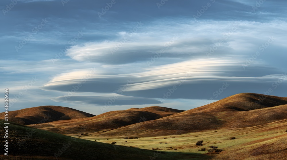 Naklejka premium Rolling hill under swirling lenticular clouds unusual atmospheric conditions colorful late afternoon lighting strange yet serene natural landscape human eye wide view white background