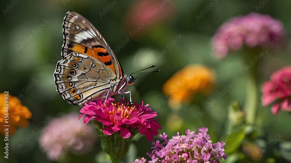 A painted lady butterfly perched atop a vibrant pink zinnia flower in a garden setting outdoors shot A painted lady butterfly perched atop a vibrant pink zinnia flower in a garden setting outdoors shot