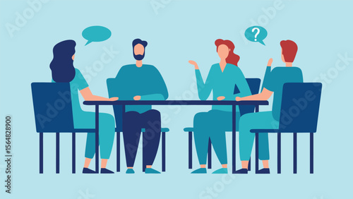 Group of people sitting around a table discussing with speech bubbles and question mark overhead