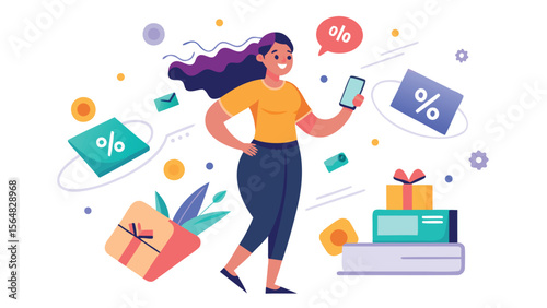Woman holding phone surrounded by discount symbols and gifts for online shopping experience sale promotion