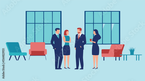 Group of business people in office setting having a discussion near chairs and windows in the room