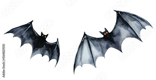 Halloween flying bats isolated on white background. Watercolor abstract hand drawn illustration