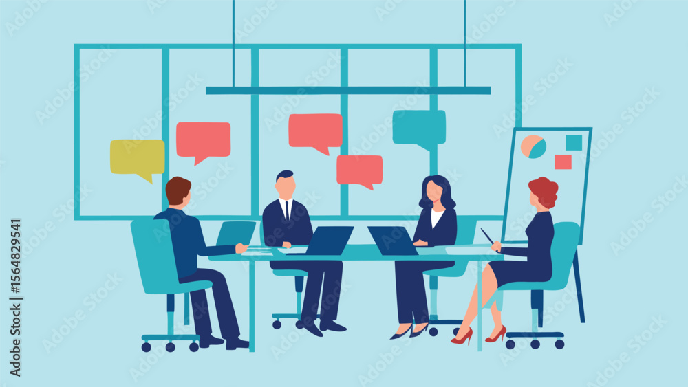 Fototapeta premium Illustration of a business meeting with four people and a whiteboard presentation in a modern office