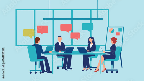 Illustration of a business meeting with four people and a whiteboard presentation in a modern office