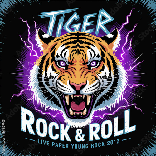 Fierce tiger roaring with lightning and rock and roll text