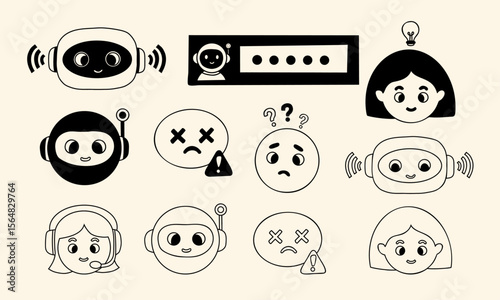 Chatbot, faces and Human Emotion Icons for AI Interface. Vector icon set showing expressions, tech support, password security. Isolated Outline hand drawing symbols for AI and UX design