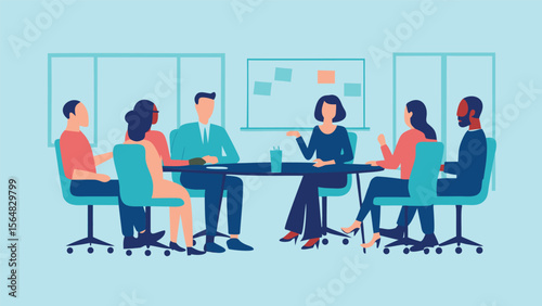 Diverse team members collaborating around a conference table in a modern office setting scene