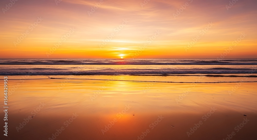 Fototapeta premium Golden sunset beach ocean waves sand reflection seascape nature travel photography landscape scenic view 100