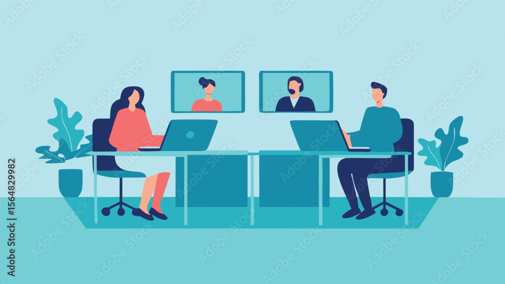 Illustration of two people in a video conference at their desks with laptops and indoor plants