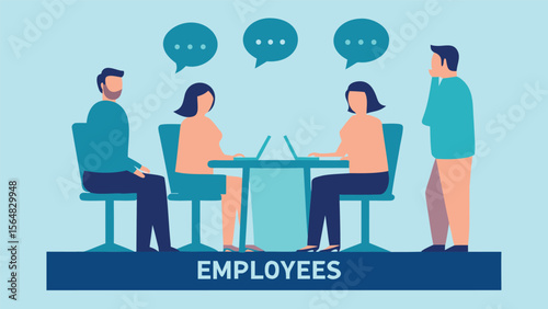 Illustration of a group of employees in a discussion with speech bubbles and laptops at a table