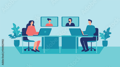 Illustration of two people in a video conference at their desks with laptops and indoor plants
