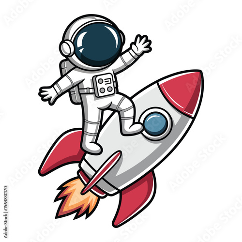 Smiling astronaut flying on a cartoon rocket in a fun and energetic space scene vector illustration.