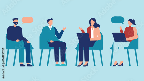 Illustration showing four people sitting in chairs talking and using laptops in a meeting setting